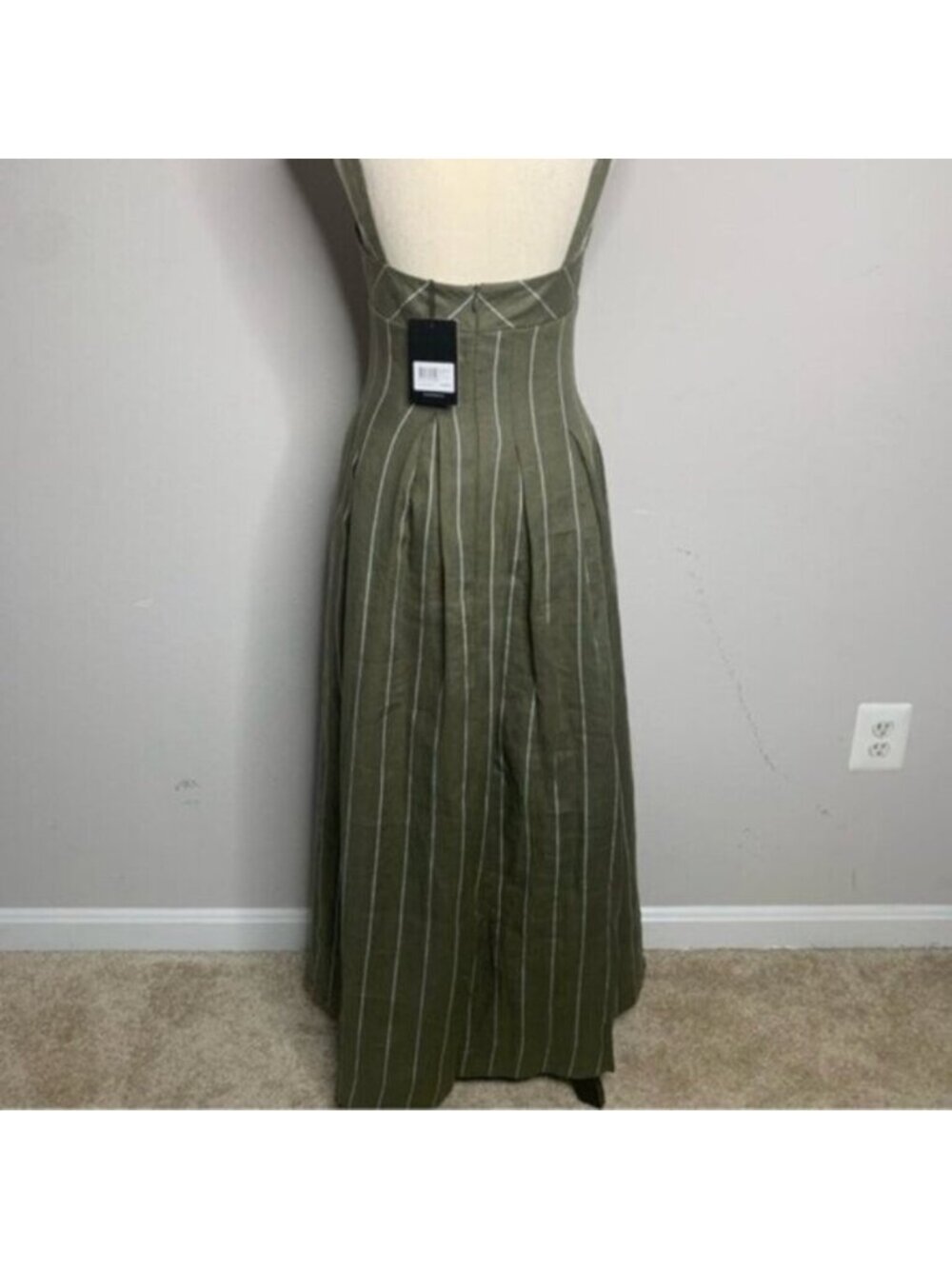 NWT NICHOLAS Selene Seamed Cami Linen Olive & White Striped Maxi Dress - Picture 13 of 17